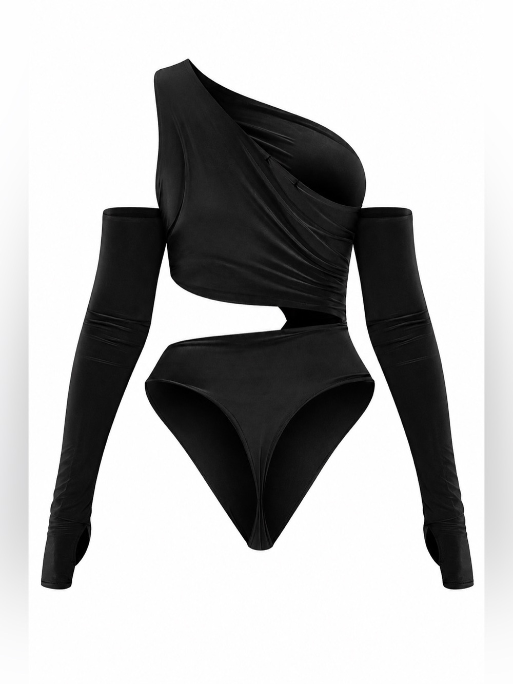 PrettyLittleThing Black Slinky Bardot Thumb Hole Cut Out Bodysuit - Picture 4 of 9
